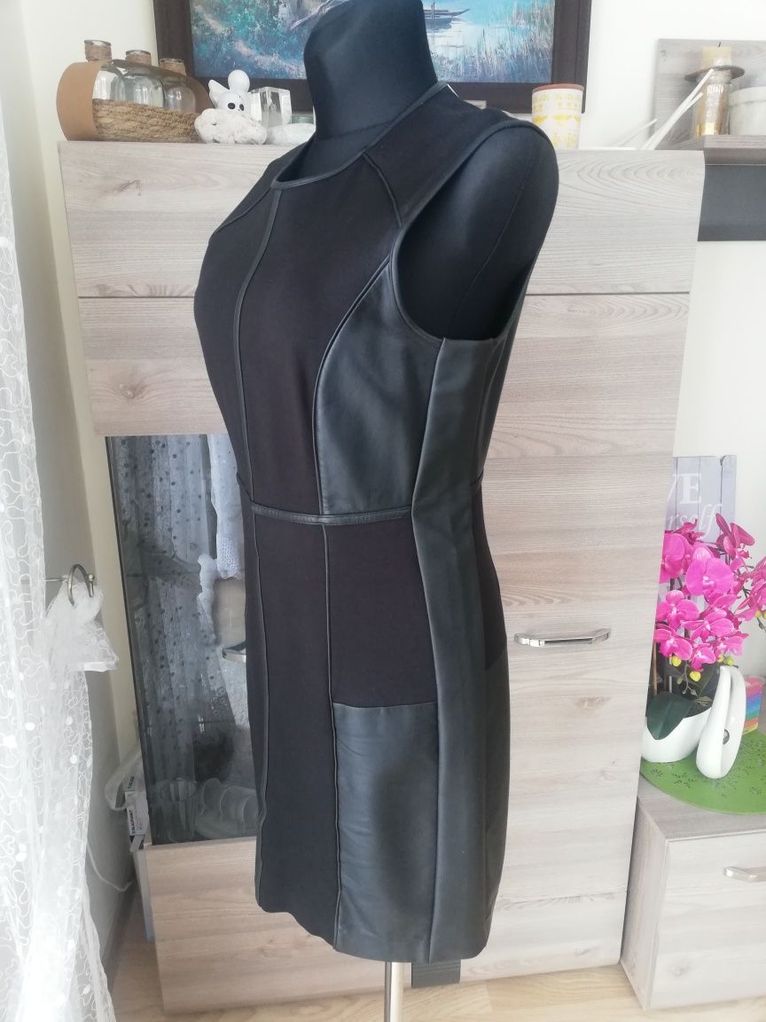 Elegancka czarna sukienka ze wstawkami ze skóry Vero Moda r. 38