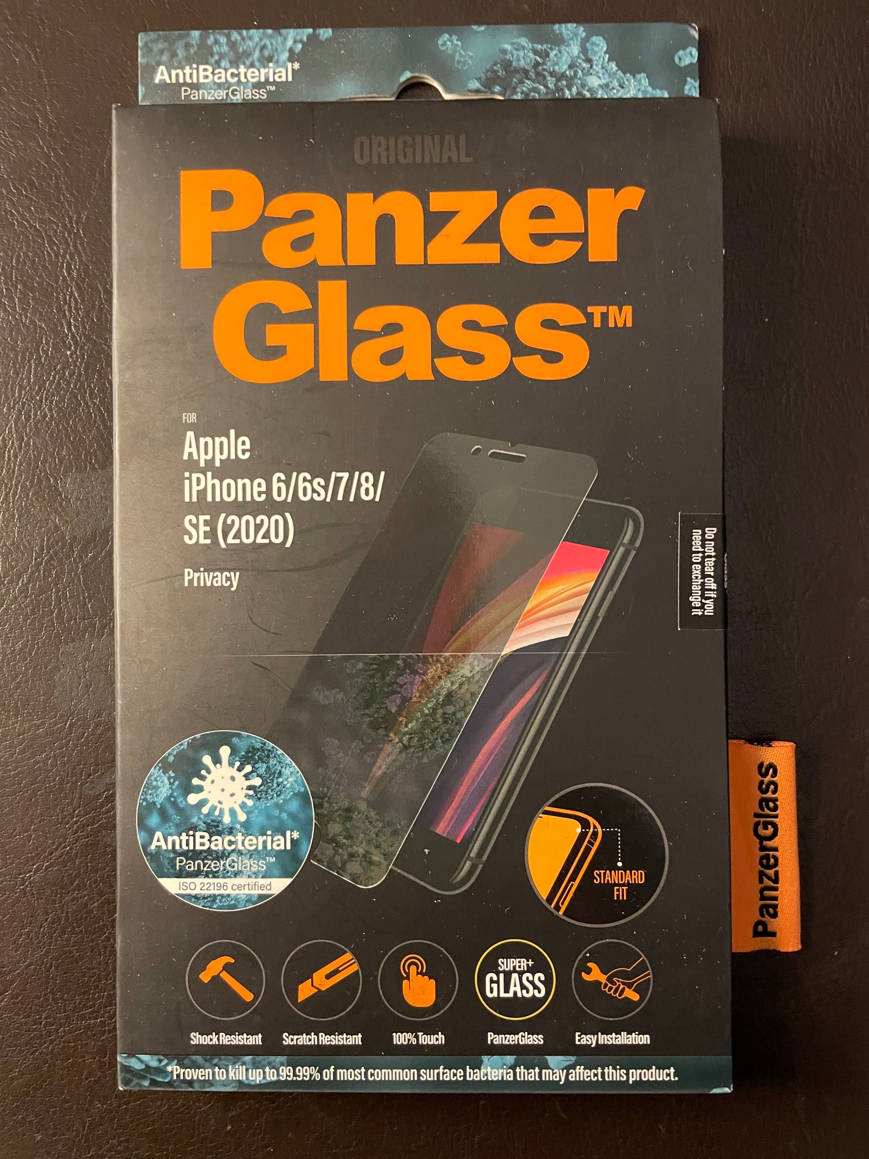 Capa preta da Apple e película da Panzer Glass para Iphone 8. Novos.