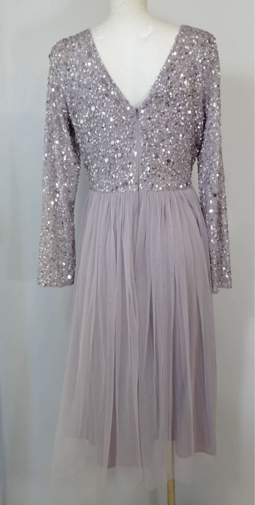 Przepiękna liliowa sukienka midi ze zdobioną górą, tiulowa spódnica