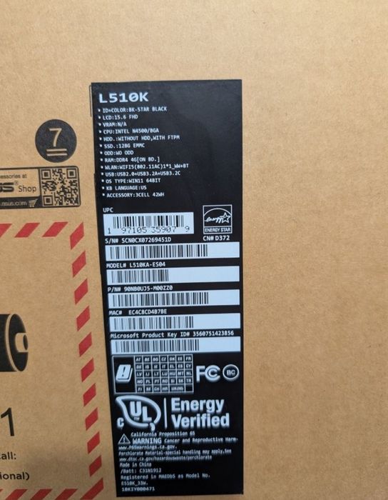 Ноутбук ASUS VivoBook Go 15.6"L510KA • Intel N4500 • 4/128GB • FHD