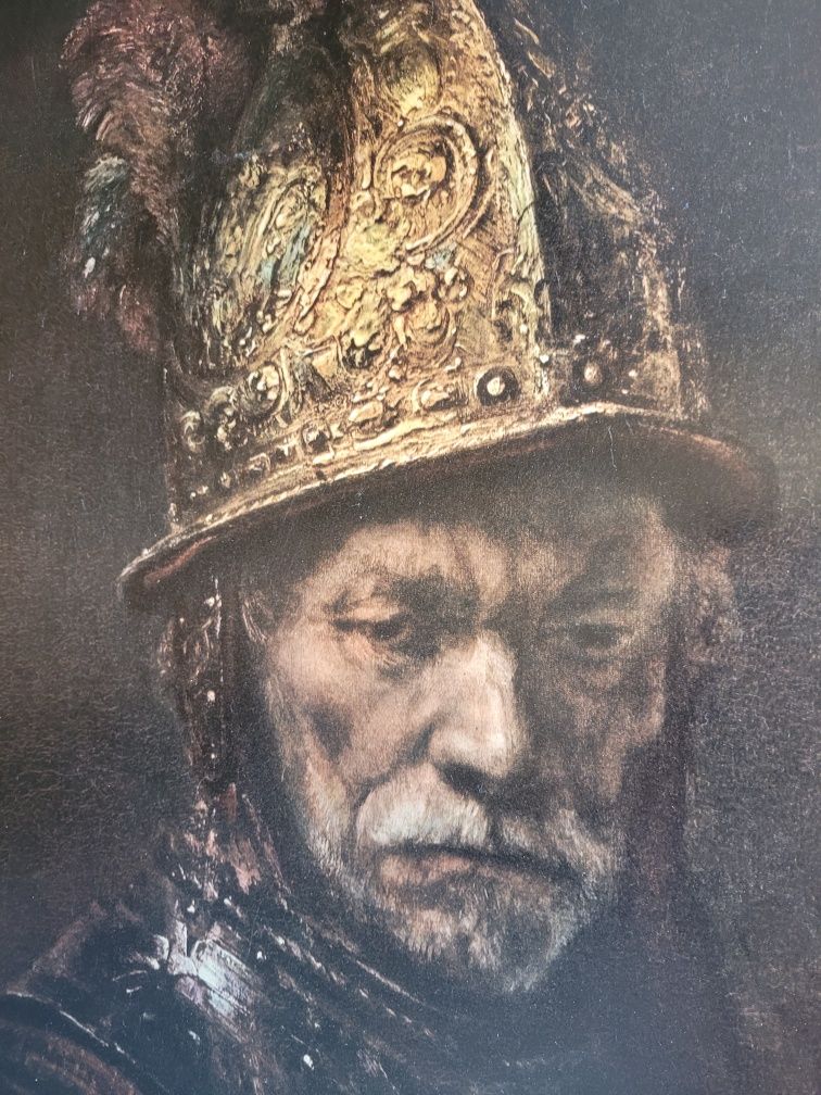 Portret Mężczyzna w złotym hełmie wg Rembranta  stara polichromia
