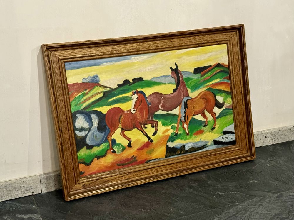 Znany malarz Tymon Niesiołowski 1960 obraz konie w dębowej ramie