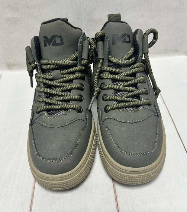 Зимові дитячі черевики MD на овчині сірий/хакі 32-37