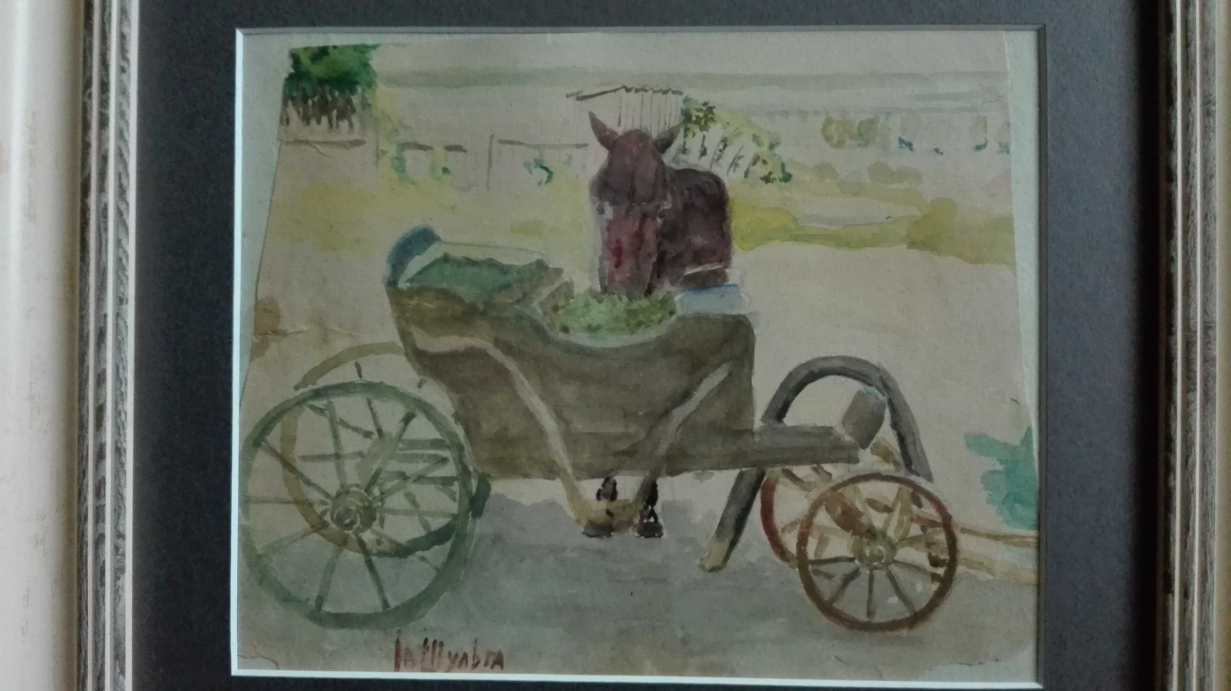 Лошадь у повозки 1915-1920гг. художник Иван Шульга (1889-1956гг) акв.