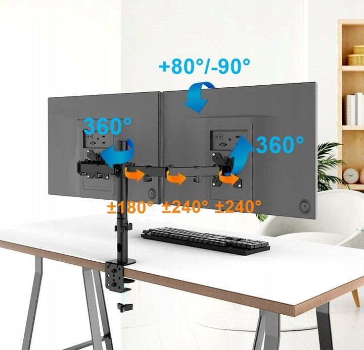 Mocny regulowany biurkowy uchwyt na dwa monitory 14-32 cale