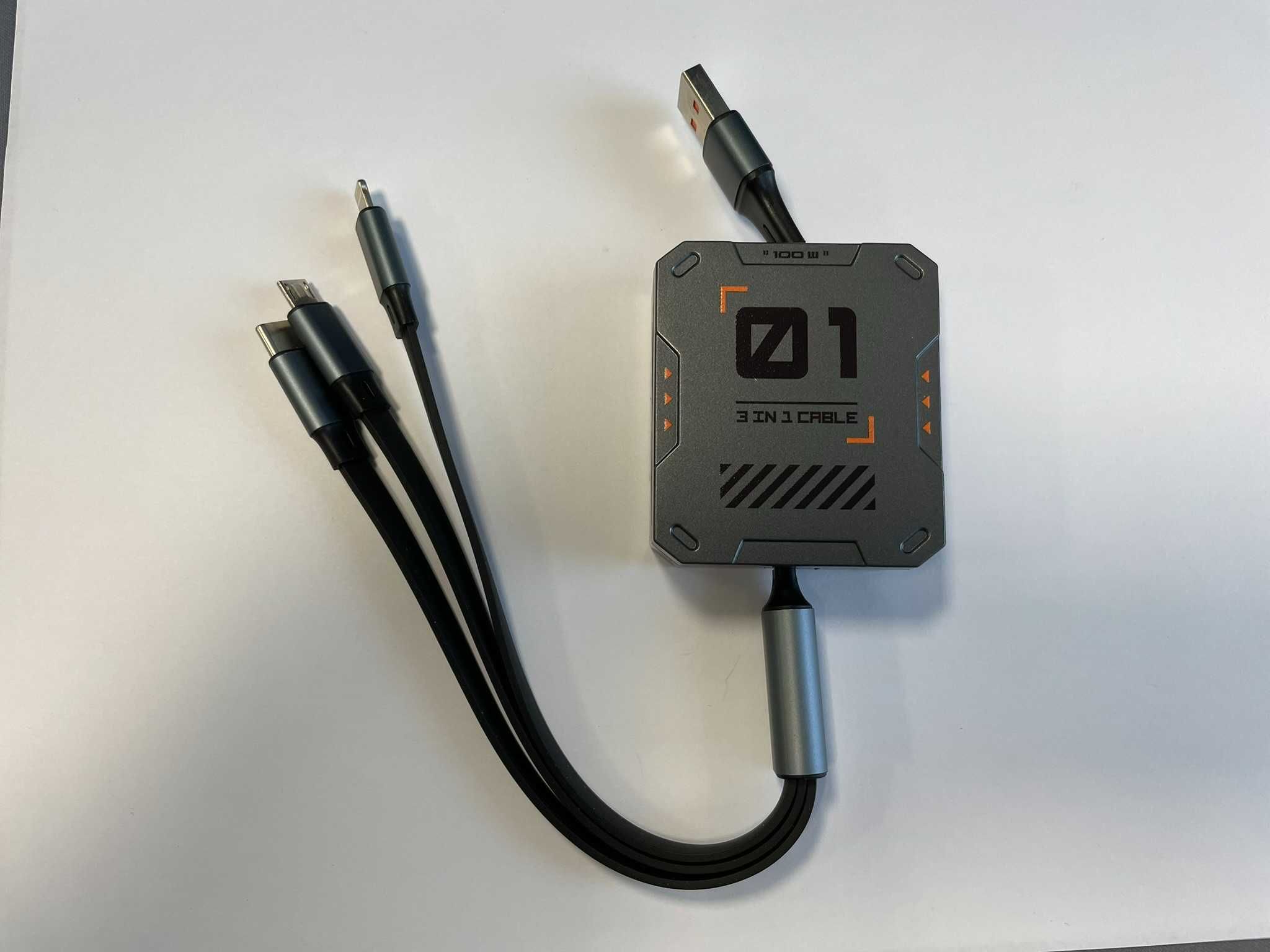 Kabel USB 3 w 1 USB-C, Lightning, USB micro .Chowany. NOWY