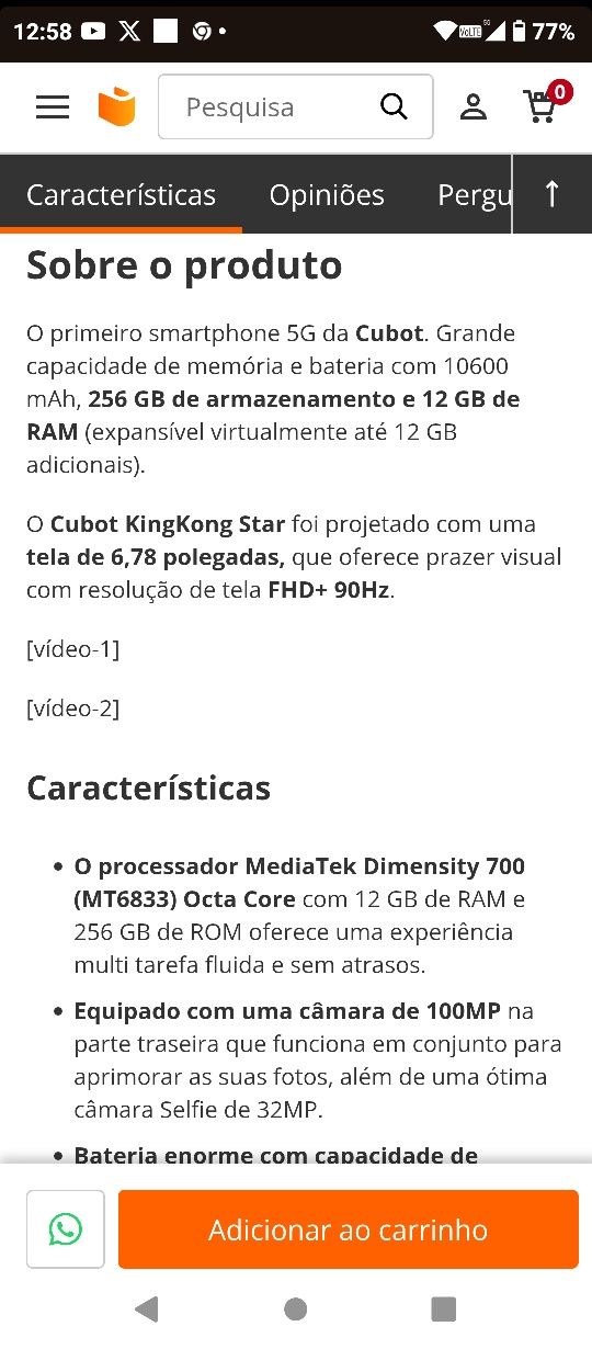 telemóvel cubot KINGKONG star