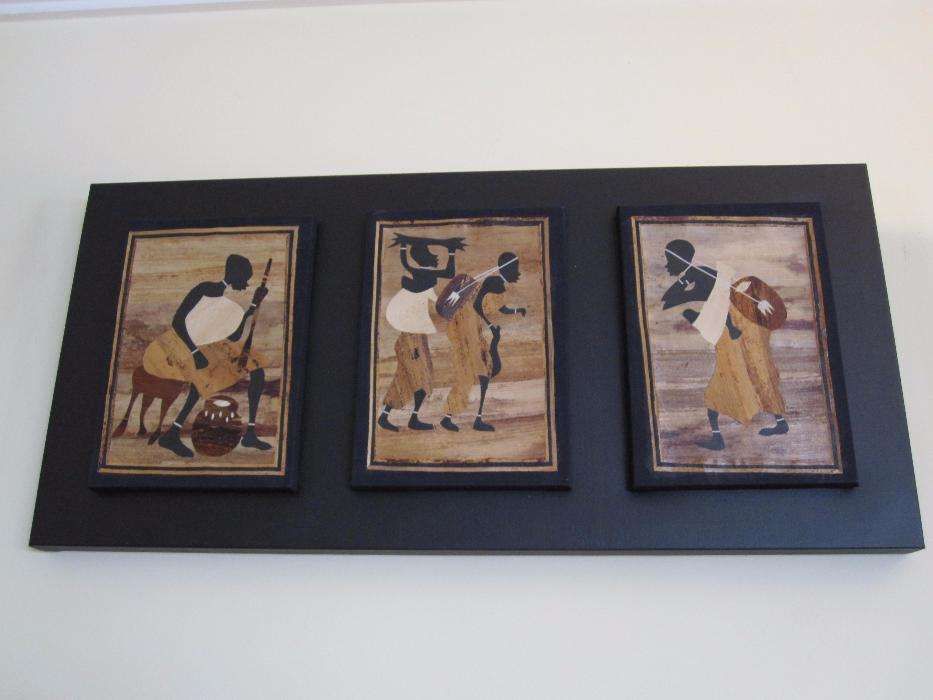 Tela com 3 quadros Decoração Étnica Técnica Mista 100 x 45 cm