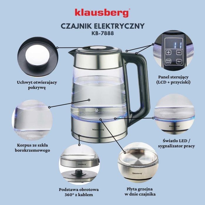 Czajnik Elektryczny Szklany 1,7L Klausberg Kb-7888 Led Rgb