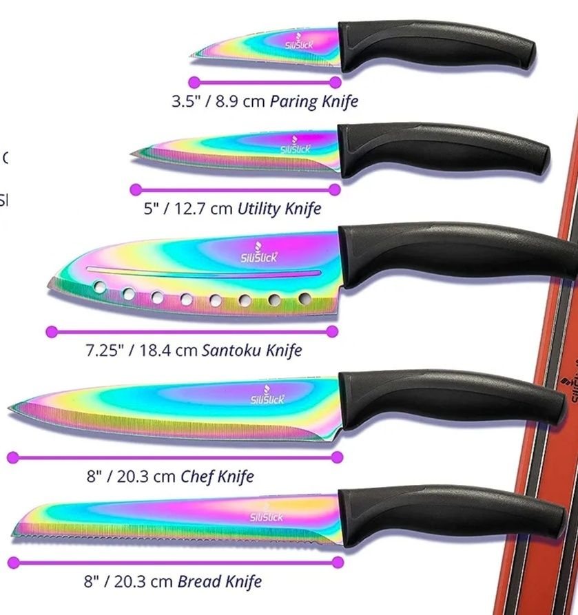 Zestaw 5 noży kuchennych tęczowych - Silli Slidk