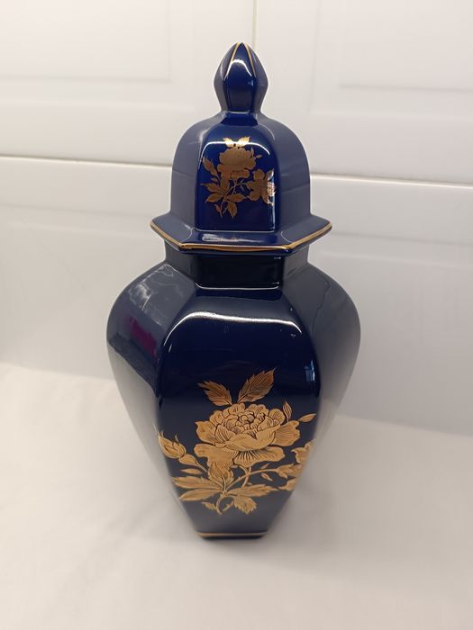 Pote Porcelana Grande. 35 cm. Azul Marinho e Dourado. Novo