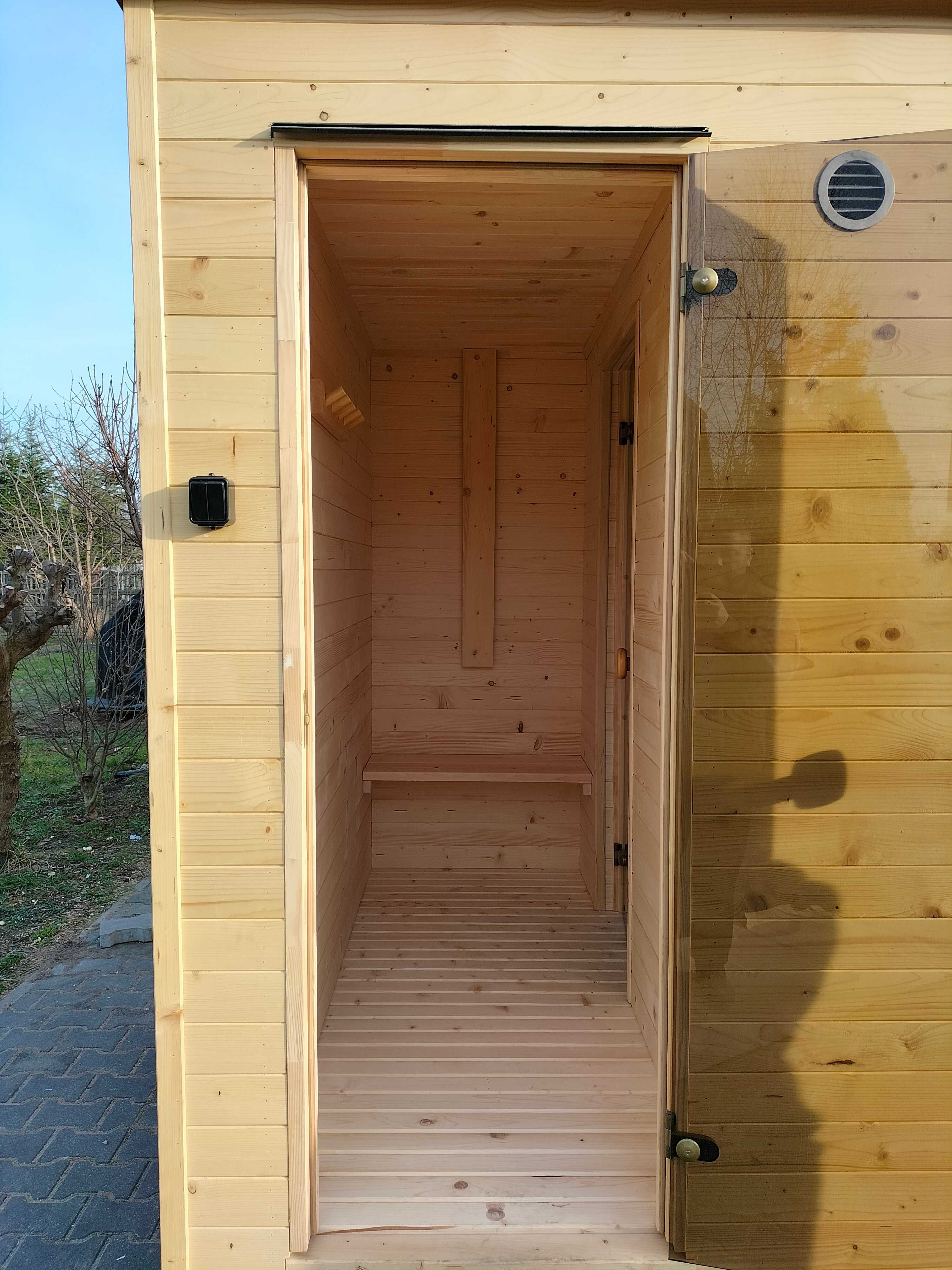 Sauna ogrodowa - sucha, ocieplana, przedsionek (gotowa do odbioru)
