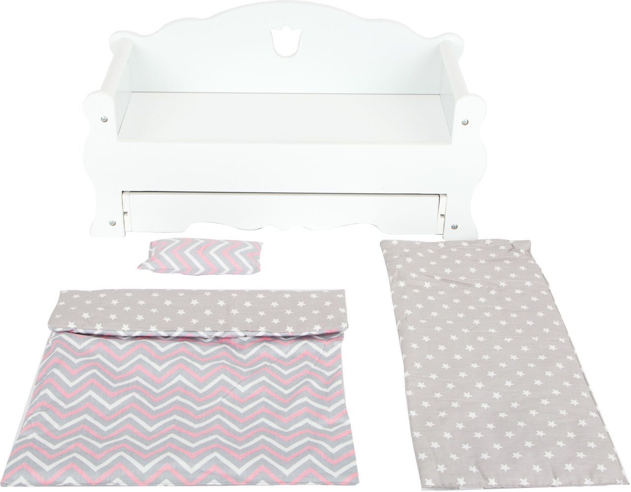 SMALL FOOT łóżeczko dla lalki, drewniane łóżko dla lalek,  pościel