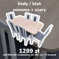 Nowe: STÓŁ ROZKŁADANY + 6 KRZESEŁ , biały/sonoma + szary ,dostawa PL