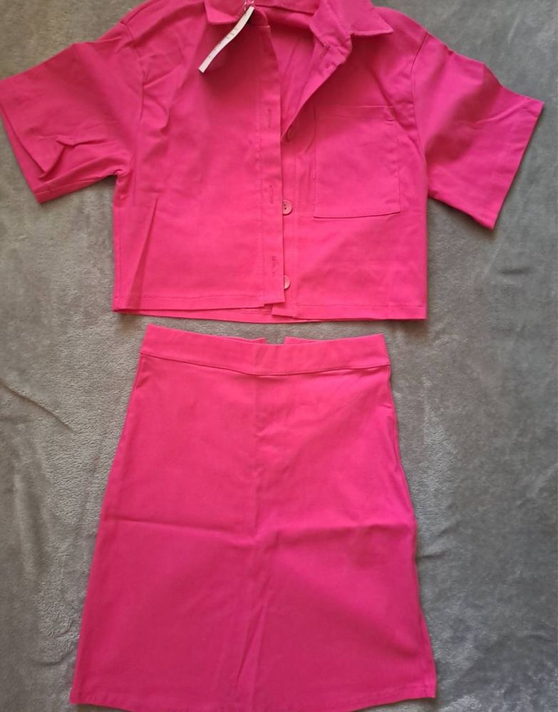Жіночий костюм рубашка та спідниця рожевий М-Л-С
