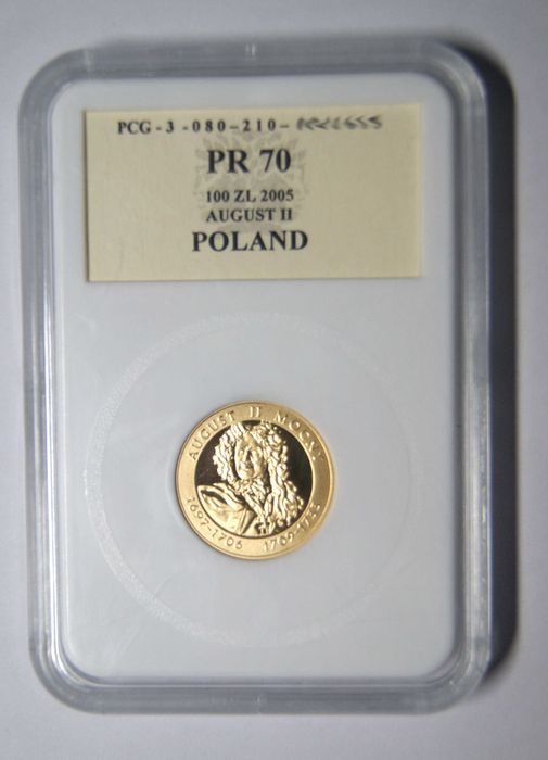 100 zł Au August II Mocny - złota, kolekcjonerska, Grading.
