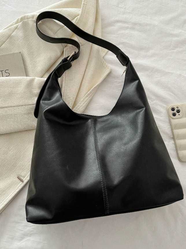 Czarna torebka hobo na ramię skórzana elegancka pojemna + GRATIS
