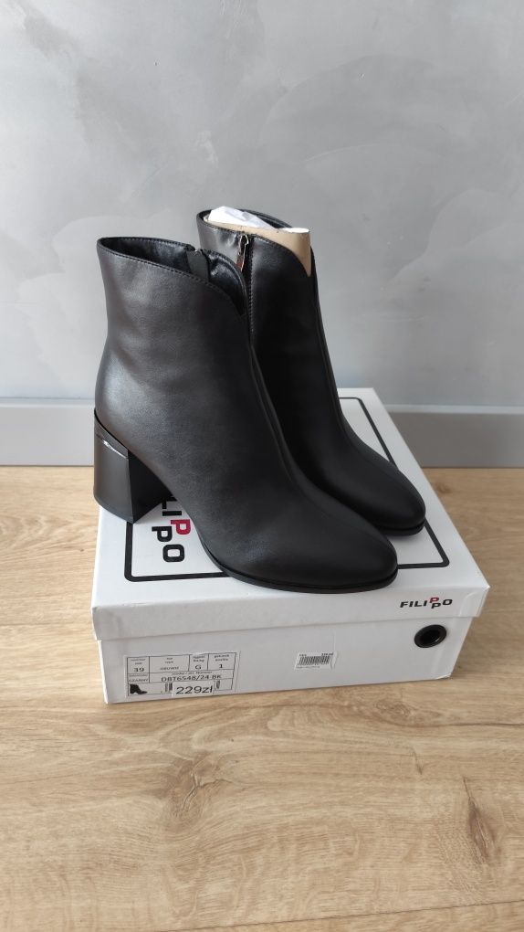 Nowe botki eleganckie czarne obcas skóra naturalna Filippo 39