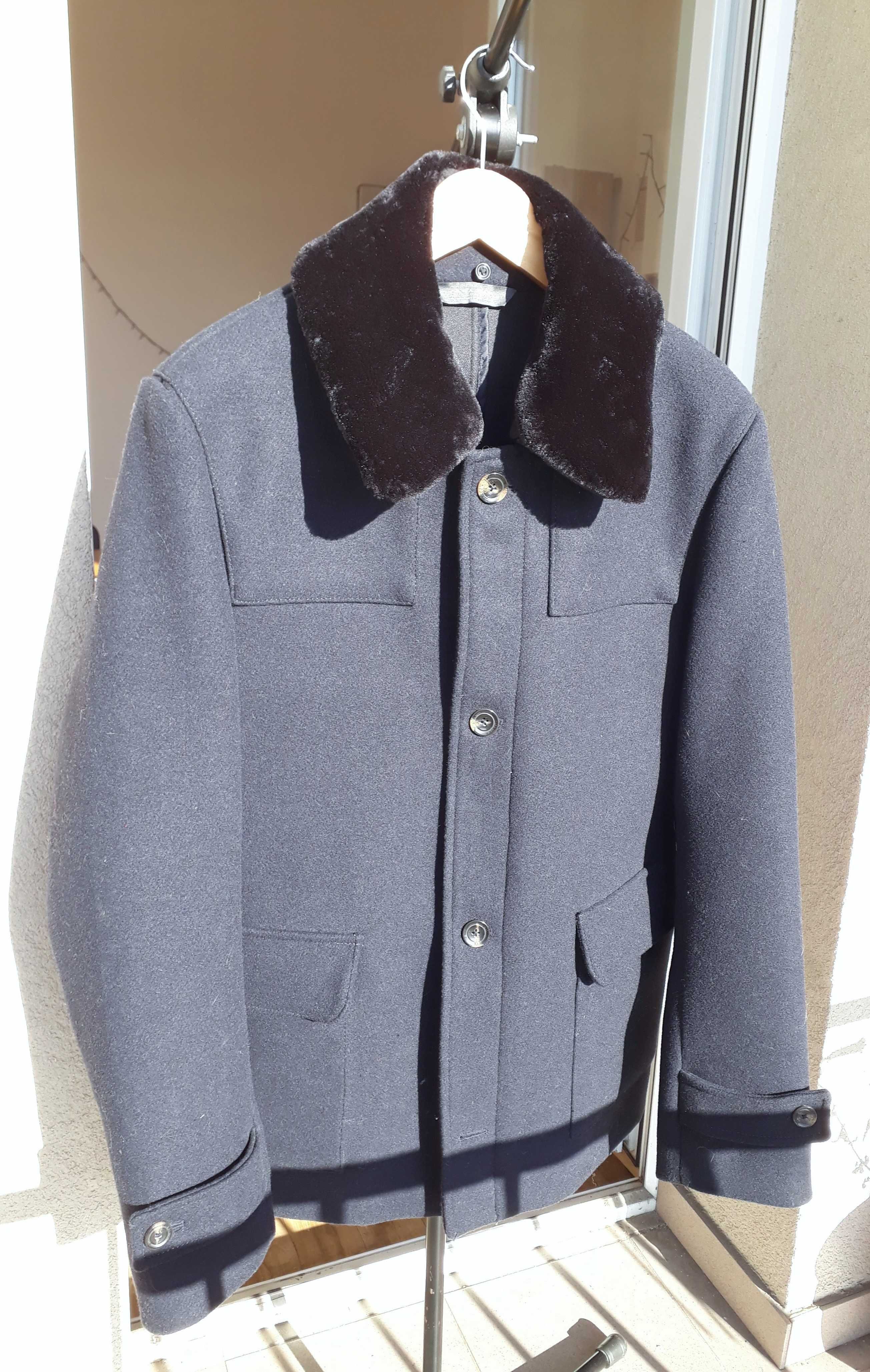 Wełniany płaszcz męski Zara, kolor granatowy, rozmiar L