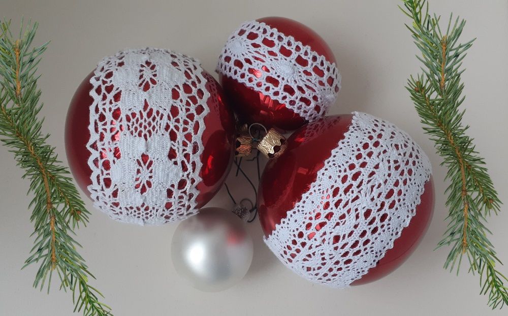 Ялинкові новорічні кулі червоні скло мереживо крафтовий декор