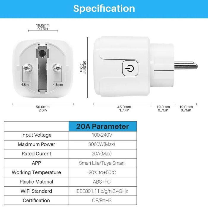 2szt gniazdko Tuya smart 20A Watomierz Wifi timer Smarthome wtyczka