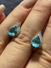 Серьги Swiss Blue Topaz 6 х 8 мм. & Cubic Zirconia 925 Sterling Silver