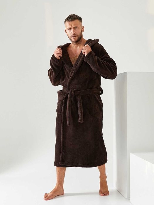 Халат мужской махровый с капюшоном длинный шоколадный L размер 48