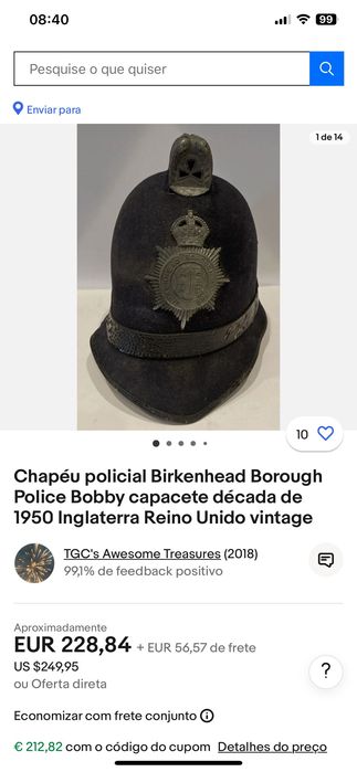 Capacete Polícia Metropolitana Inglesa 28 cm Anos 50 Original