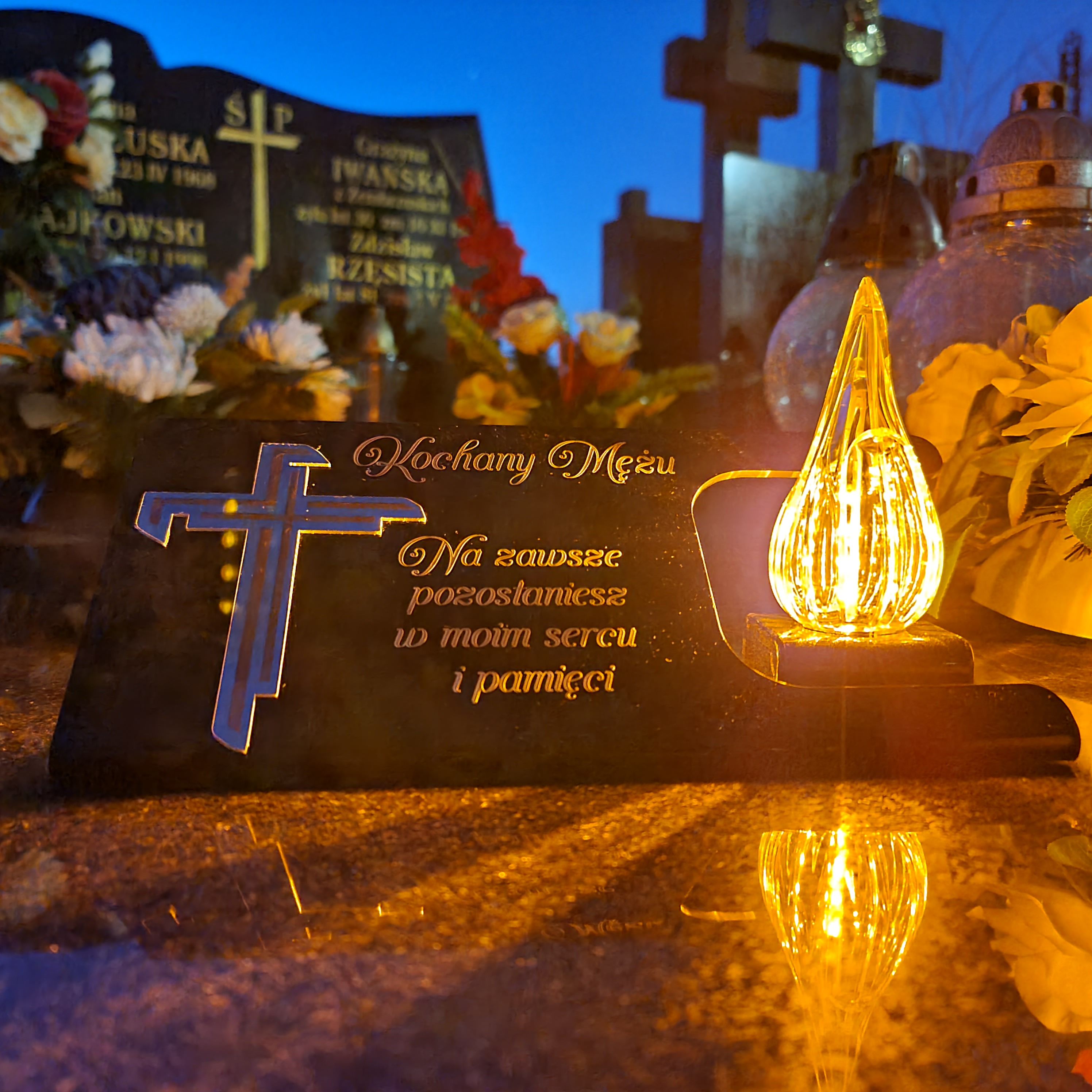 ZNICZ na grób dla MĘŻA podstawka na cmentarz LAMPKA LED