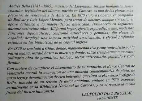 Moeda comemorativa do nascimento do Andrés Bello 1781 a 1981