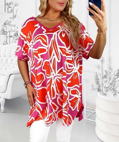 Bluzka plus size Tunika asymetryczna dekolt 50/52/54/56 kwiaty