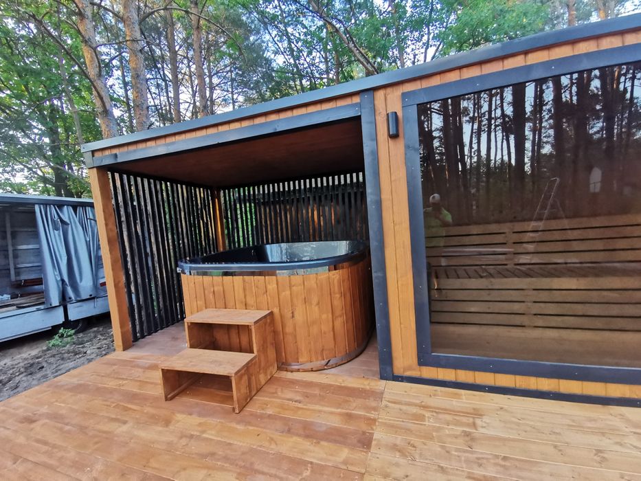 Sauna Ogrodowa Premium z tarasem,wiatą  6,5x2m Piec Sterownik Hit