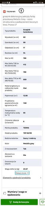 Grzejnik TRP 60x99 cm Metallic Grey B 768W Roz 54cm 8 Bar TERMA