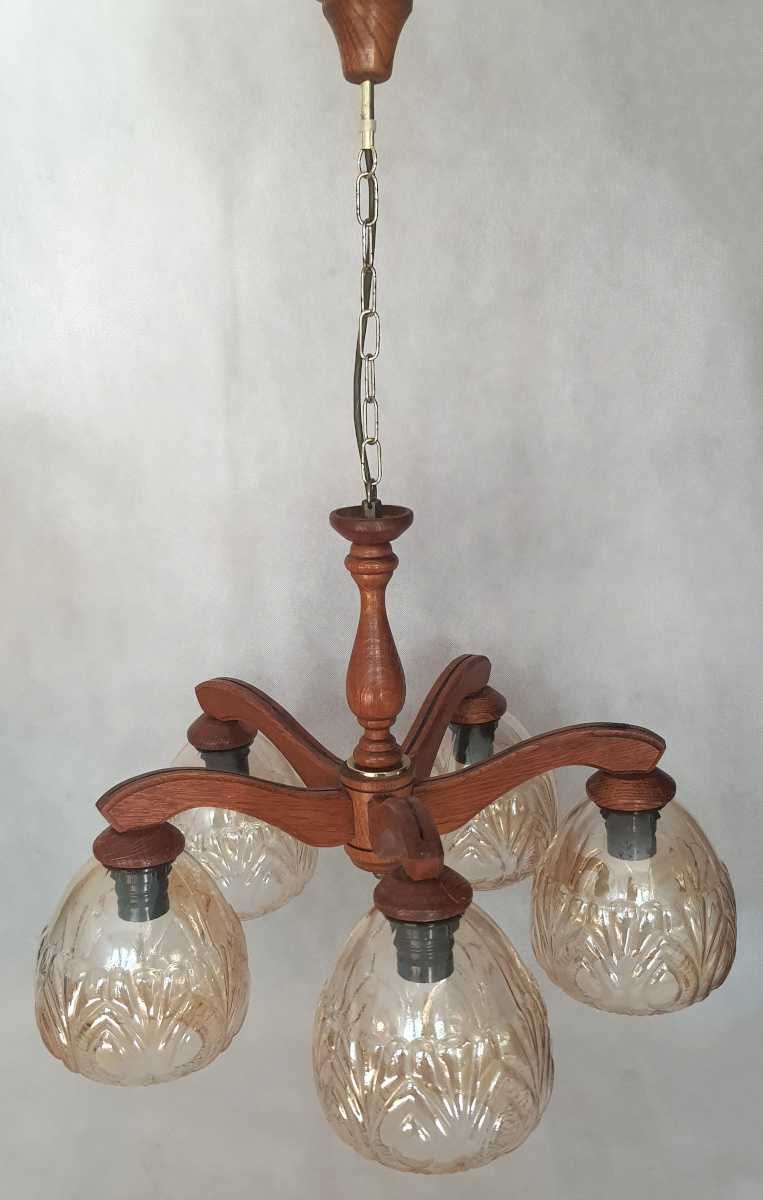 Żyrandol drewniany, lampa wisząca, szkło, lata 70.
