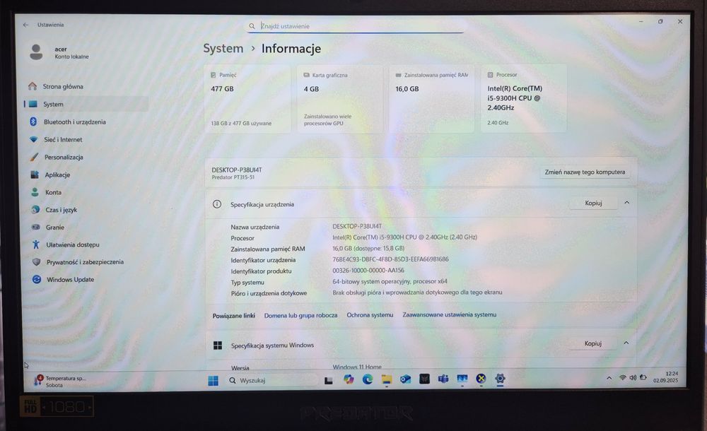 Laptop gamingowy ACER PREDATOR PT315-51, Komis Jasło Czackiego