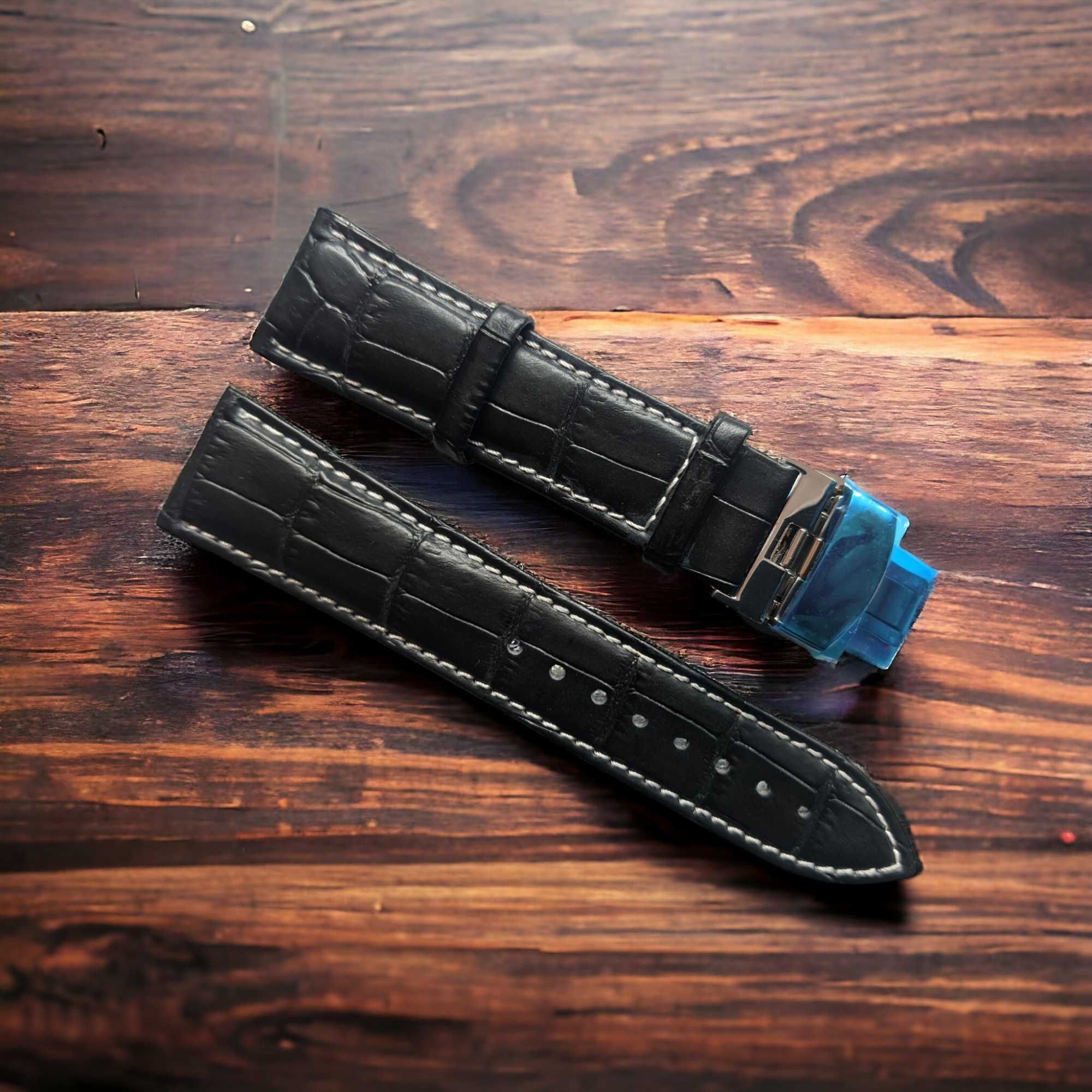 Pasek do zegarka AVIATOR 22 mm czarny biała nitka zapięcie motylkowe