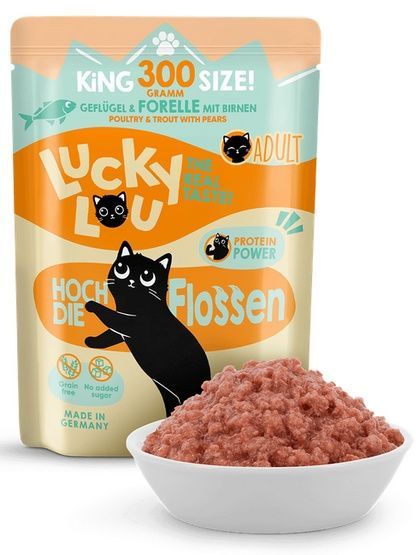 Karma dla kota bez zbóż, cukru i GMO - Lucky Lou DRÓB i PSTRĄG 300g