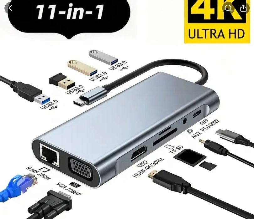 Hub 11в1 87W Metal|4хUSB, 1xHDTV 4К, Type-C 87W PD, VGA, 3.5mm,