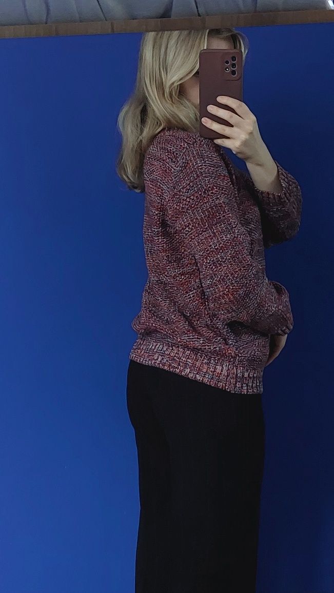 Czerwony damski sweter we wzory kolorowy XS S ze ściągaczami