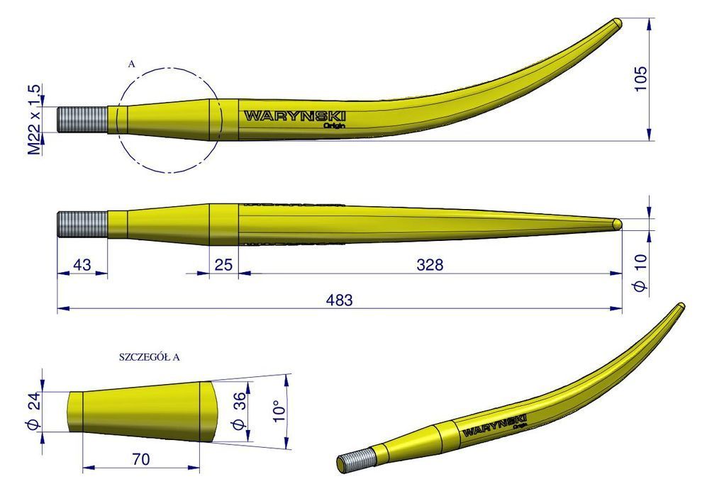 Ząb ładowacza wygięty zamykający L- 480 mm chwytak  Tur WARYŃSKI