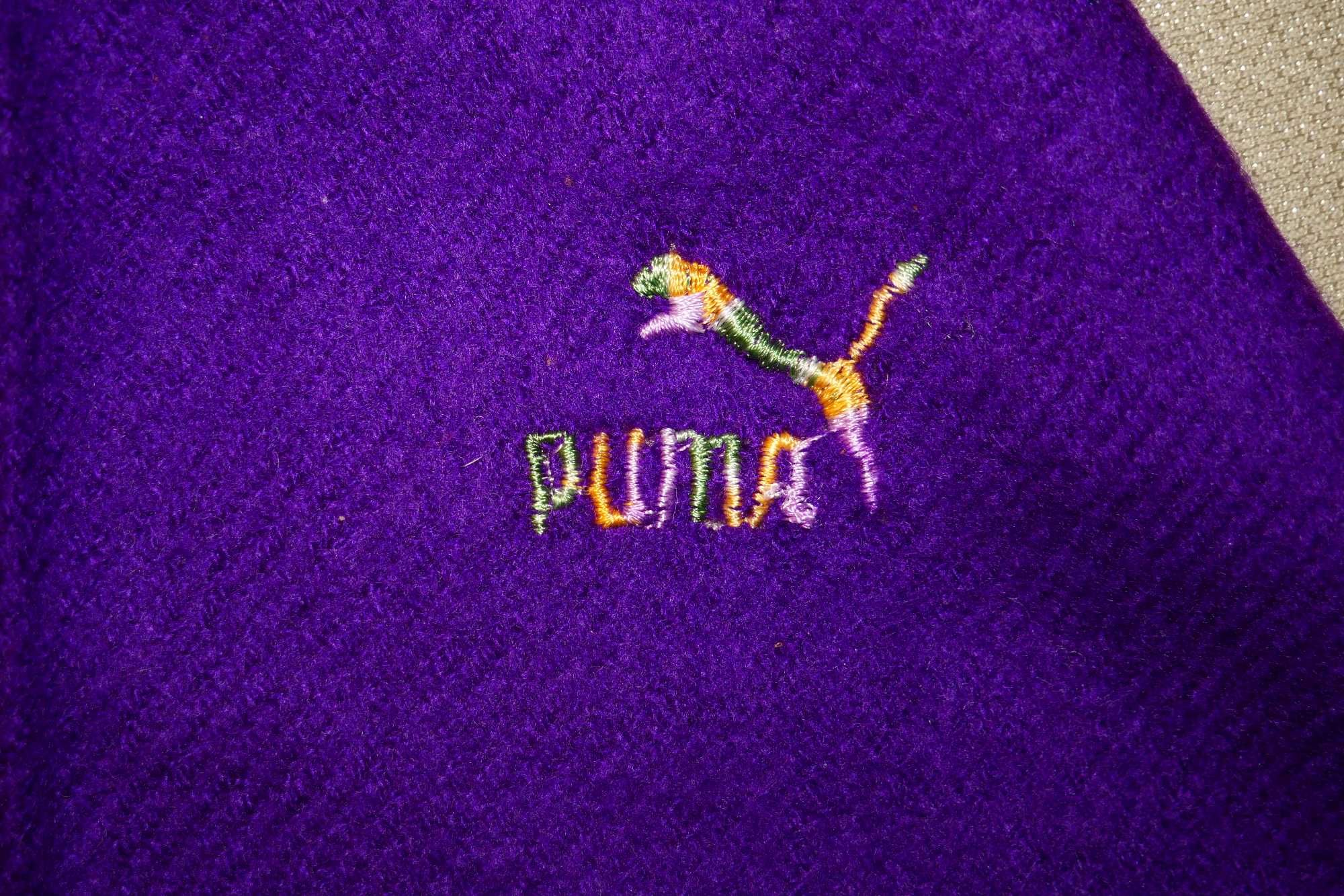 Wełniany szalik szal chusta apaszka fioletowy Puma frędzle