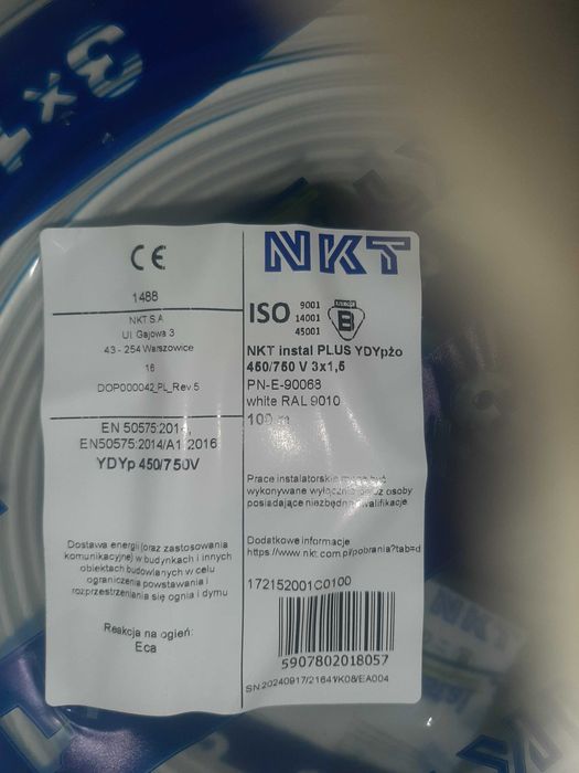 Przewód NKT instal plus YDYp 3x1,5 750V PROMOCJA!