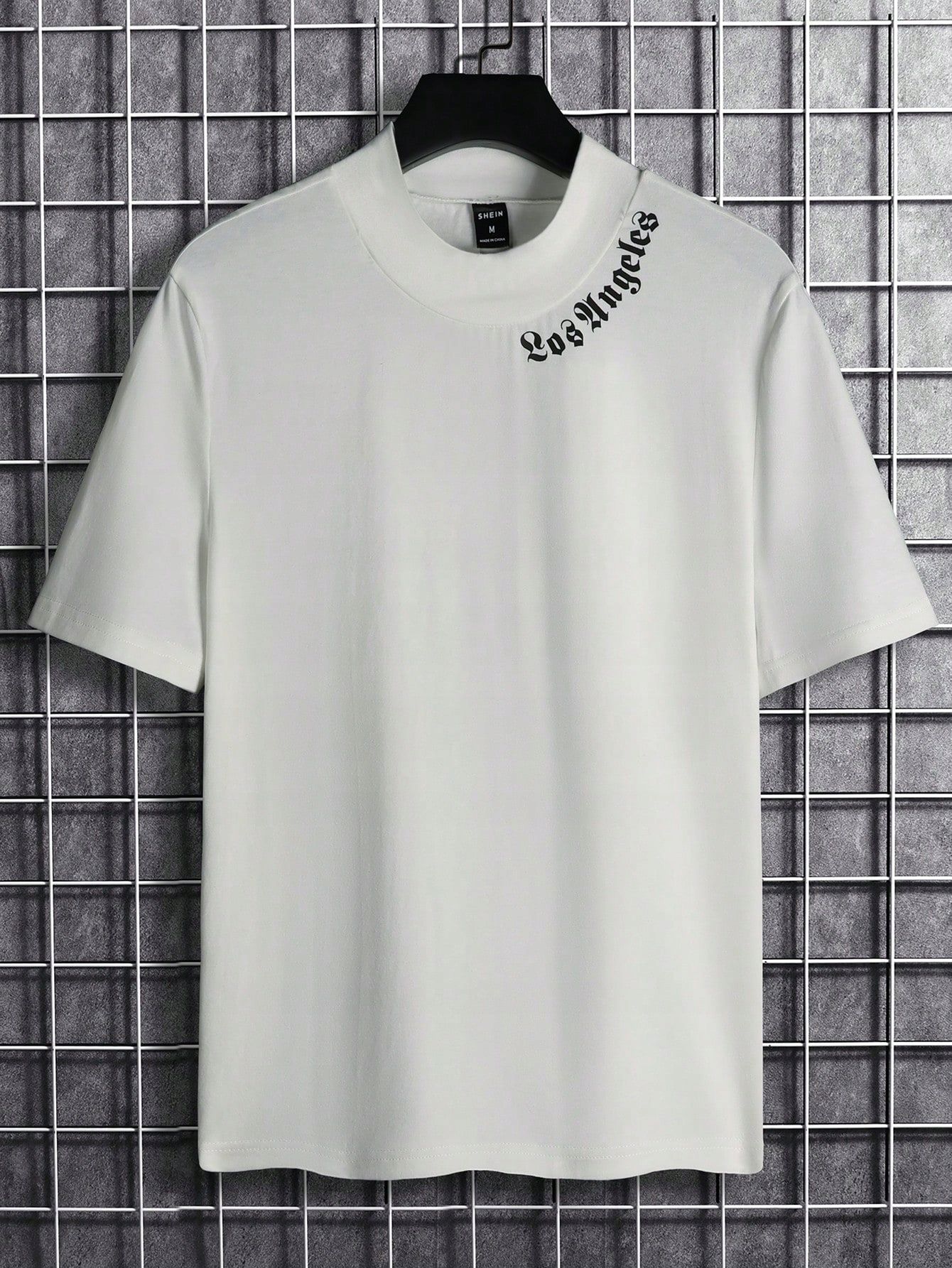 T-Shirt Męski Ze Stójką Z Napisem Print Biały Casual Shein S