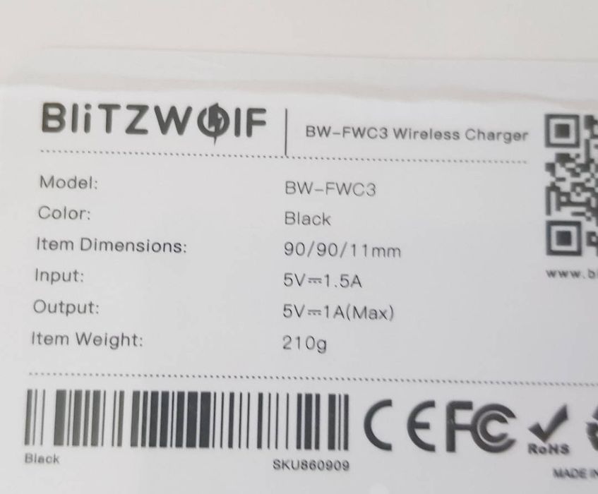 Бездротова зарядка Blitzwolf BW FWC3 для телефону samsung s7,s8,s9,s10