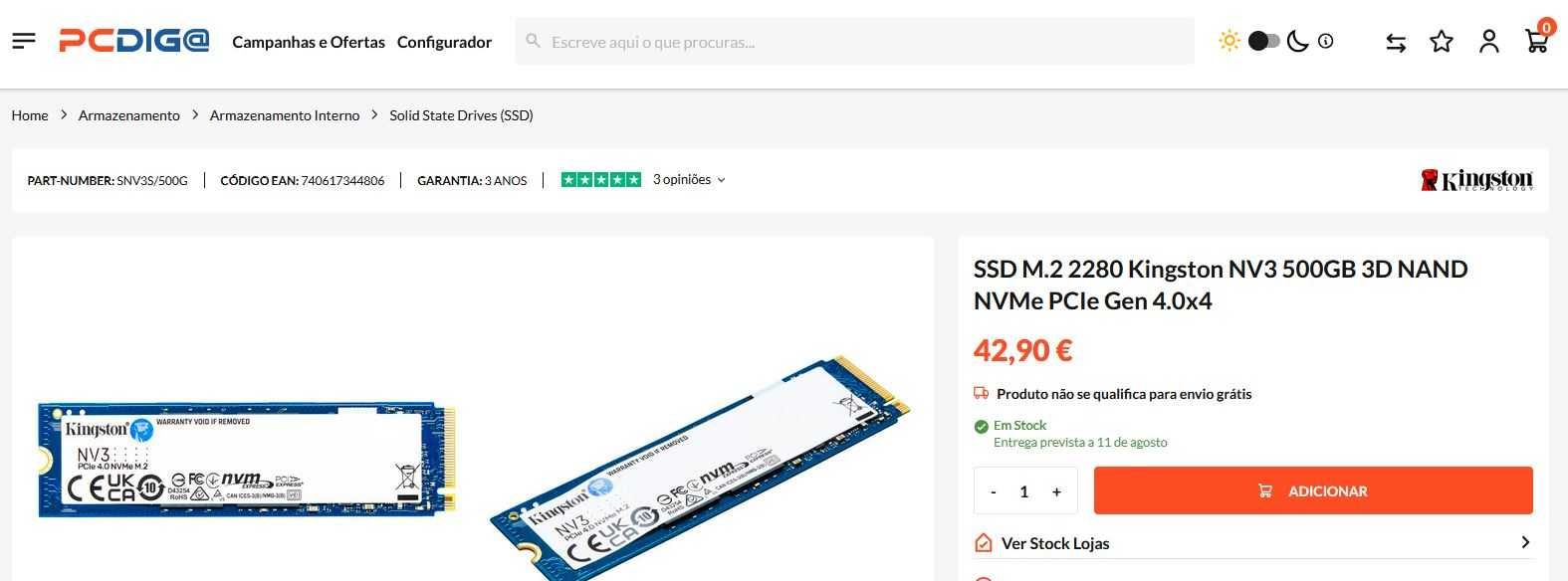 SSD M.2 2280 Kingston NV3 500GB 3D NAND NVMe PCIe Gen 4.0x4