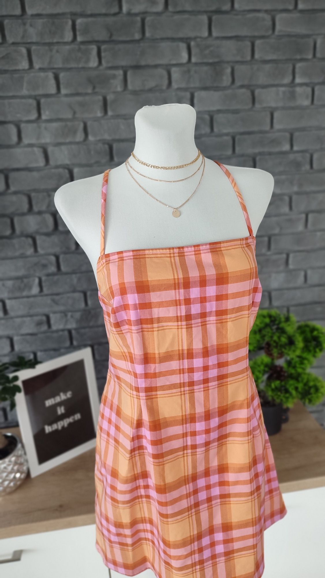 Sukienka mini w kratkę odkryte plecy wiązana H&M 46 48 UK letnia