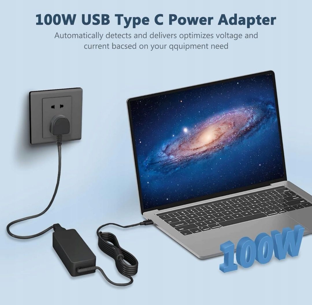 Zasilacz laptopa USB C 20 V 5 A 100 W Mc Book iPad Dell HP Asus inne