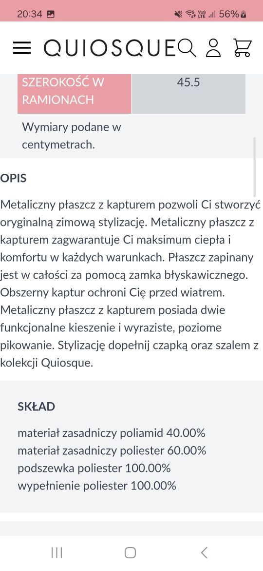 Płaszcz z kapturem kurtka quiosque rozmiar 46