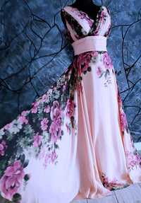Długa suknia w kwiaty rozmiar 48 4xl na wesele komunie floral wizytowa