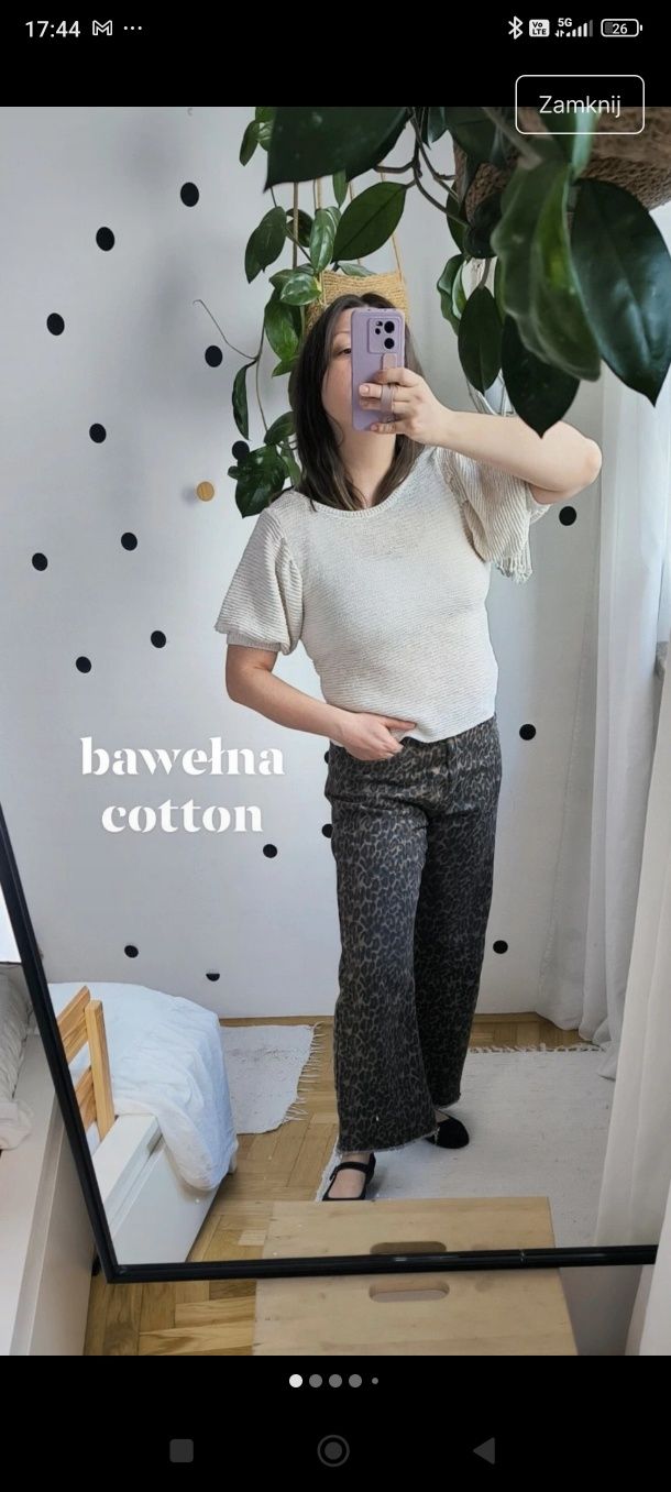 S/M/L dzianinowa swetrowa beżowa ecru bawełniana bluzeczka bufki Mango